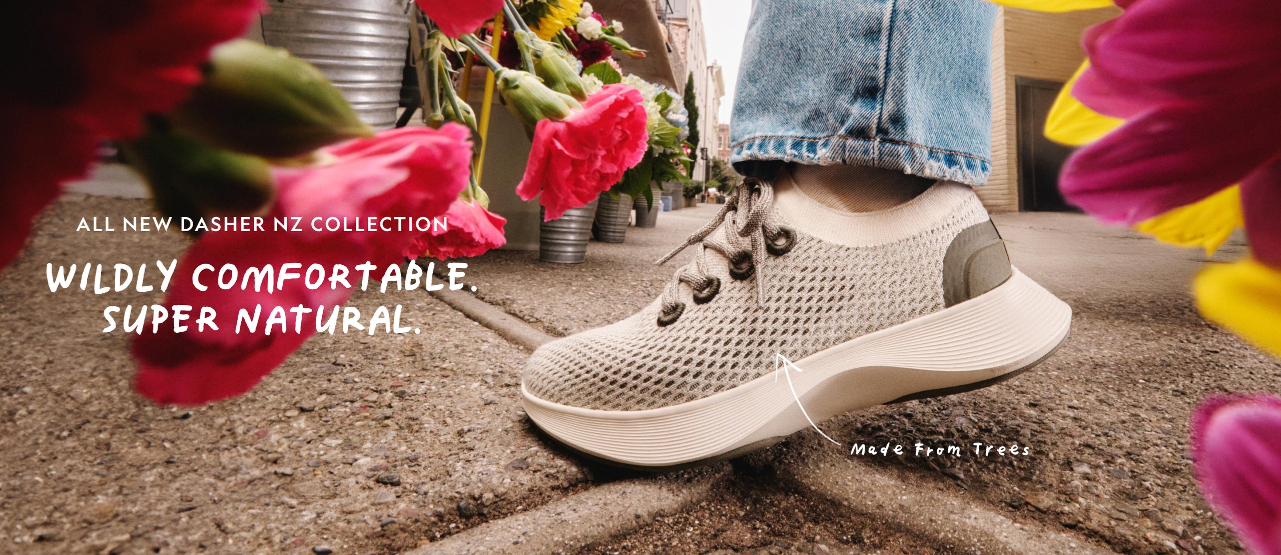 On body image featuring the all new Dasher NZ. Wildly comfortable, super natural, made from trees.